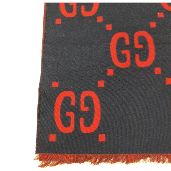 Auth Gucci GG Jacquard Navy Blue Red Wool Silk Scarf Wrap Stole On Sale Now - Picture 7 of 11